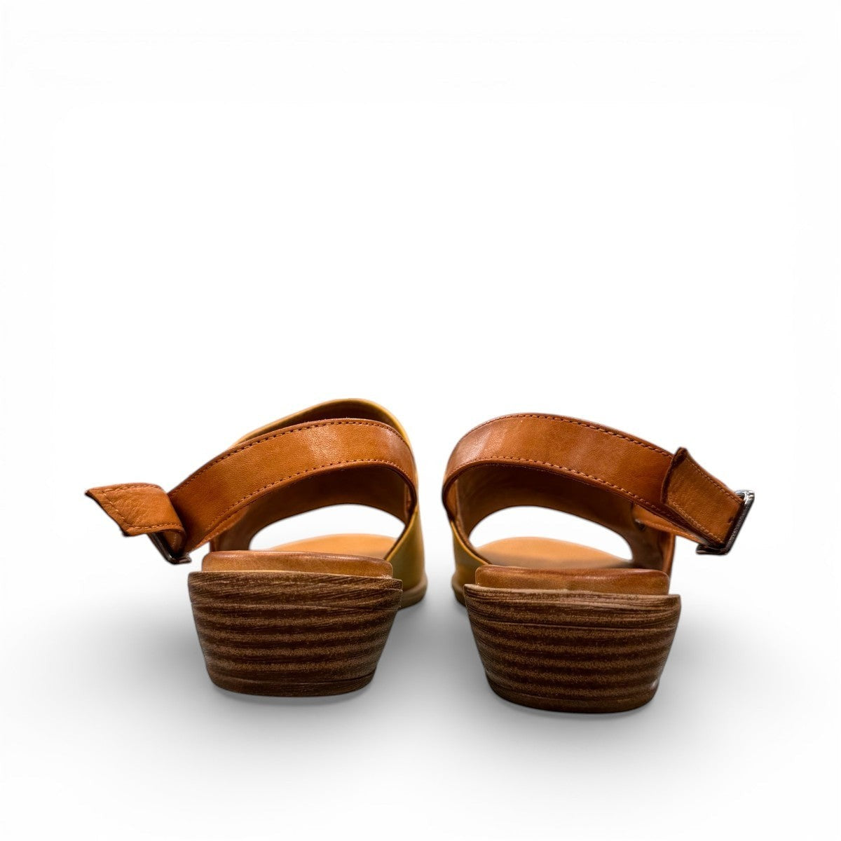 Roamers Jude low heel sandal in yellow and brown leather with a side buckle strap.
photo of the back side