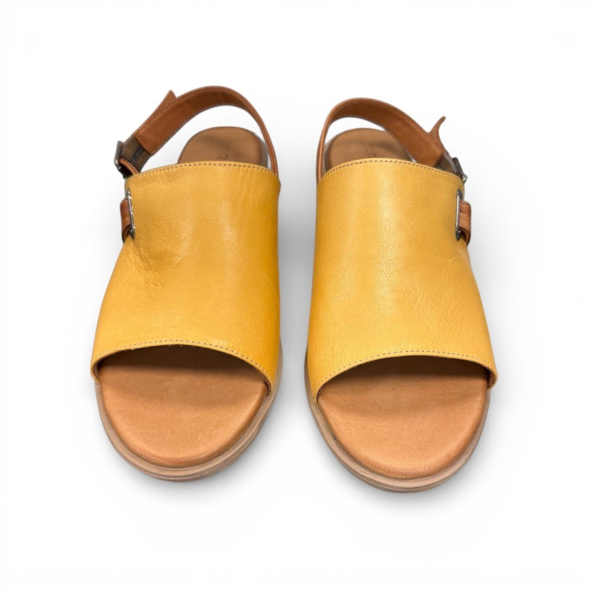 Roamers Jude low heel sandal in yellow and brown leather with a side buckle strap.
photo of the front side