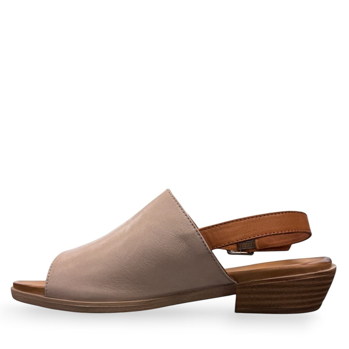 Roamers Jude low heel sandal in silver grey leather with a tan strap and side buckle closure.
photo of the left side