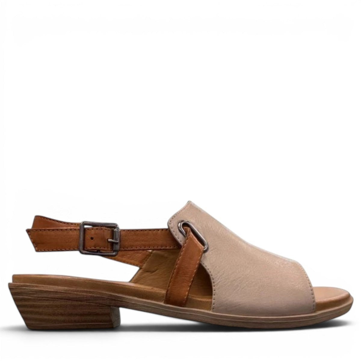 Roamers Jude low heel sandal in silver grey leather with a tan strap and side buckle closure.
photo of the right side