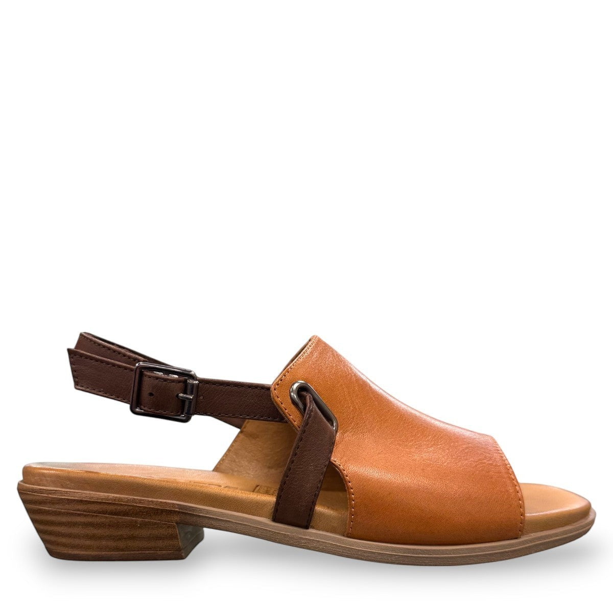 Roamers Jude tan and brown leather low heel sandal with side buckle strap.
photo of the right side