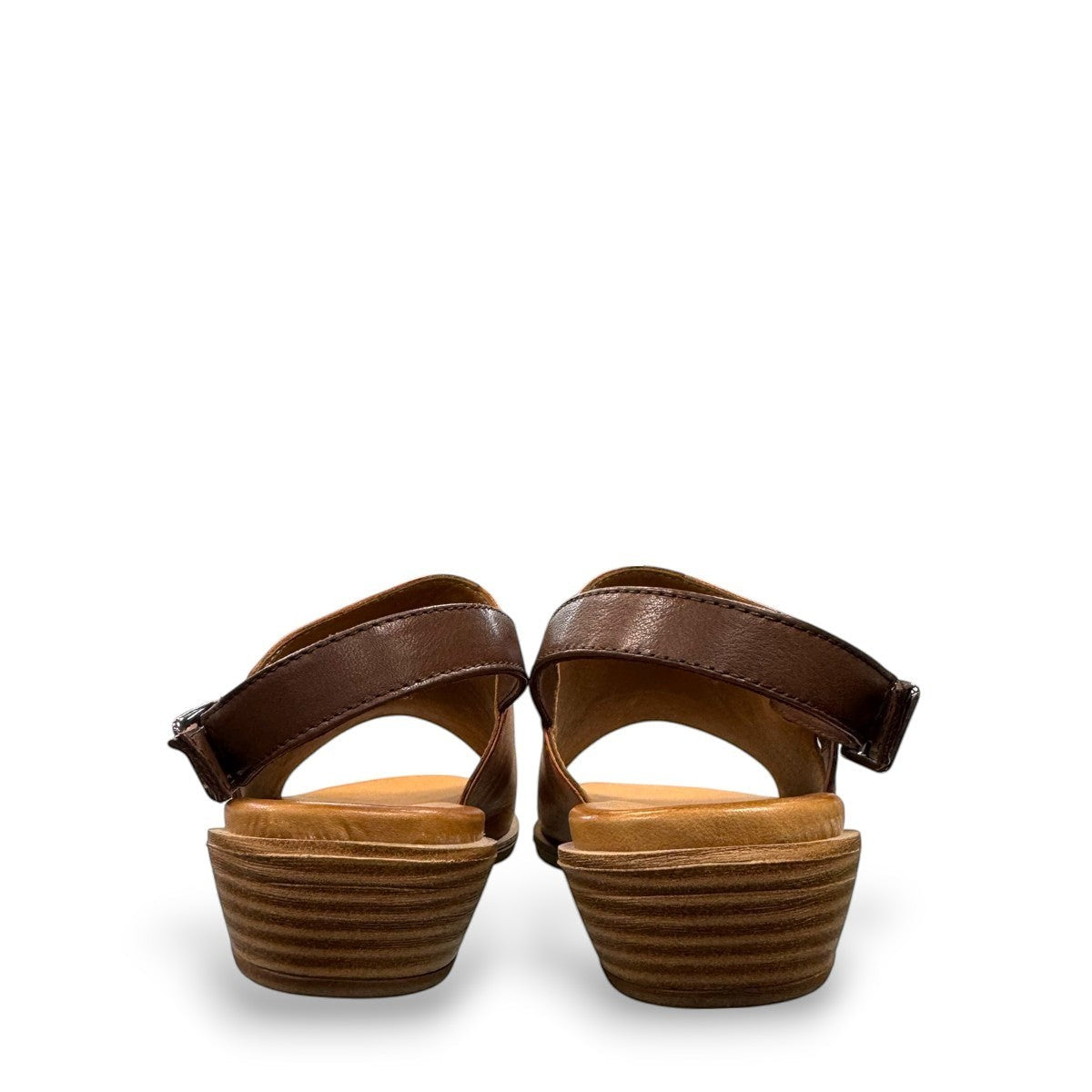 Roamers Jude tan and brown leather low heel sandal with side buckle strap.
photo of the back side