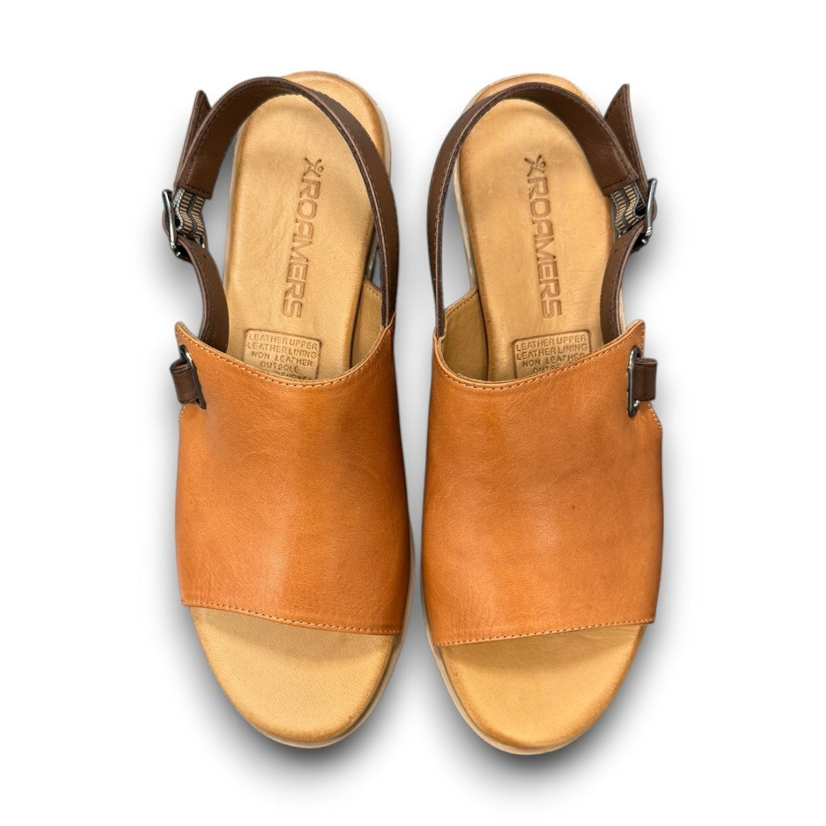 Roamers Jude tan and brown leather low heel sandal with side buckle strap.
photo of the top side