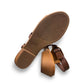 Roamers Jude tan and brown leather low heel sandal with side buckle strap.
photo of the bottom side