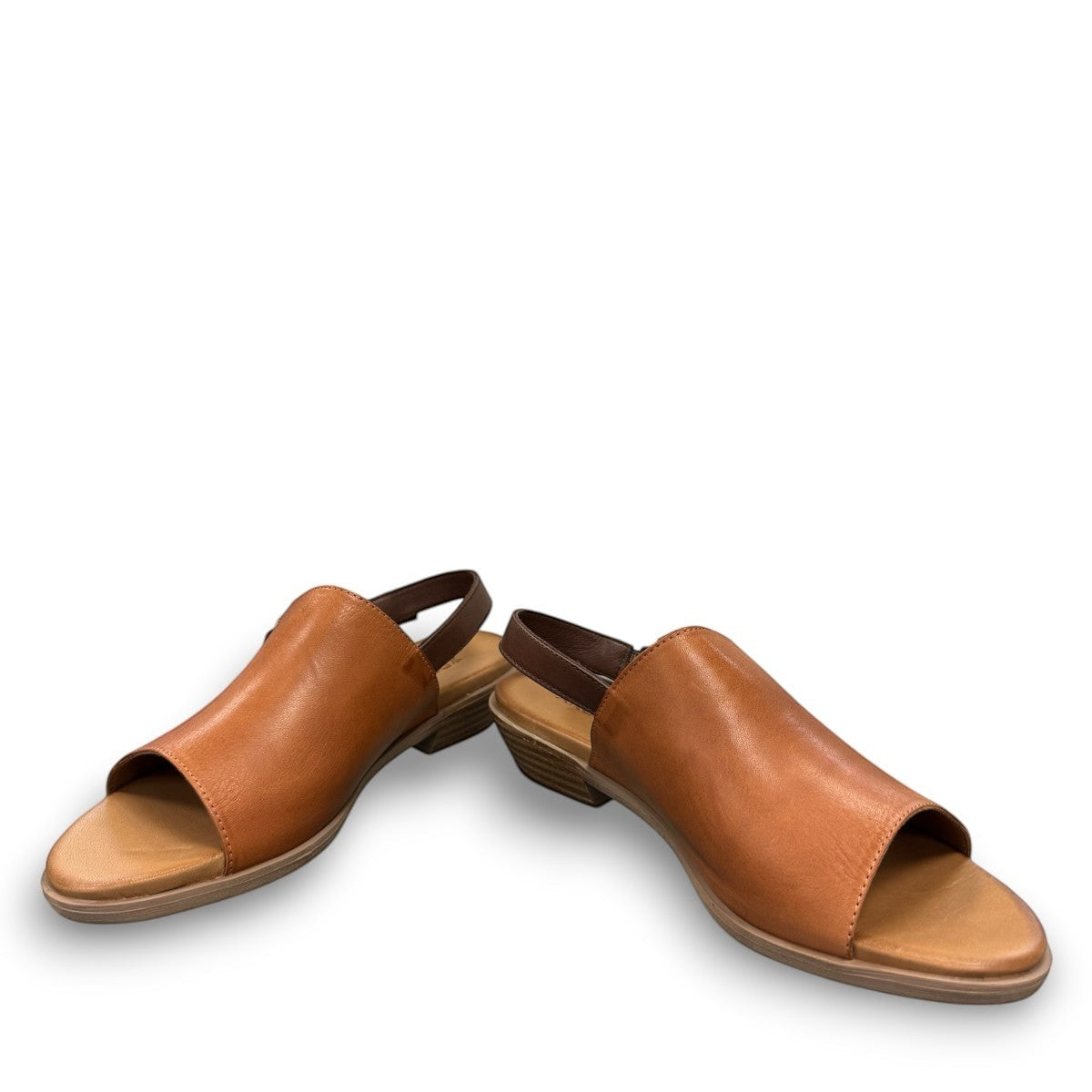 Roamers Jude tan and brown leather low heel sandal with side buckle strap.
photo of the front side