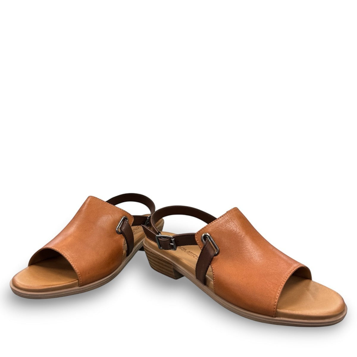 Roamers Jude tan and brown leather low heel sandal with side buckle strap.
photo of the front side