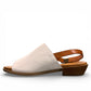 roamers Jude low heel sandal in white coconut leather with a brown side buckle strap and stacked heel.
photo of the left side