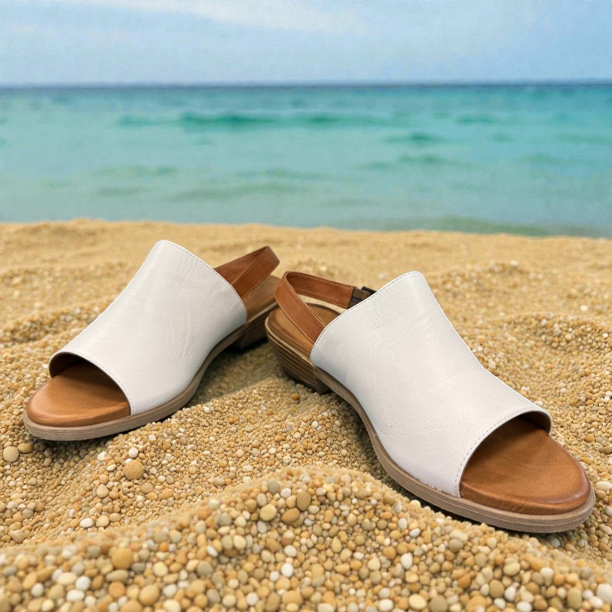 roamers Jude low heel sandal in white coconut leather with a brown side buckle strap and stacked heel.
photo of the front side