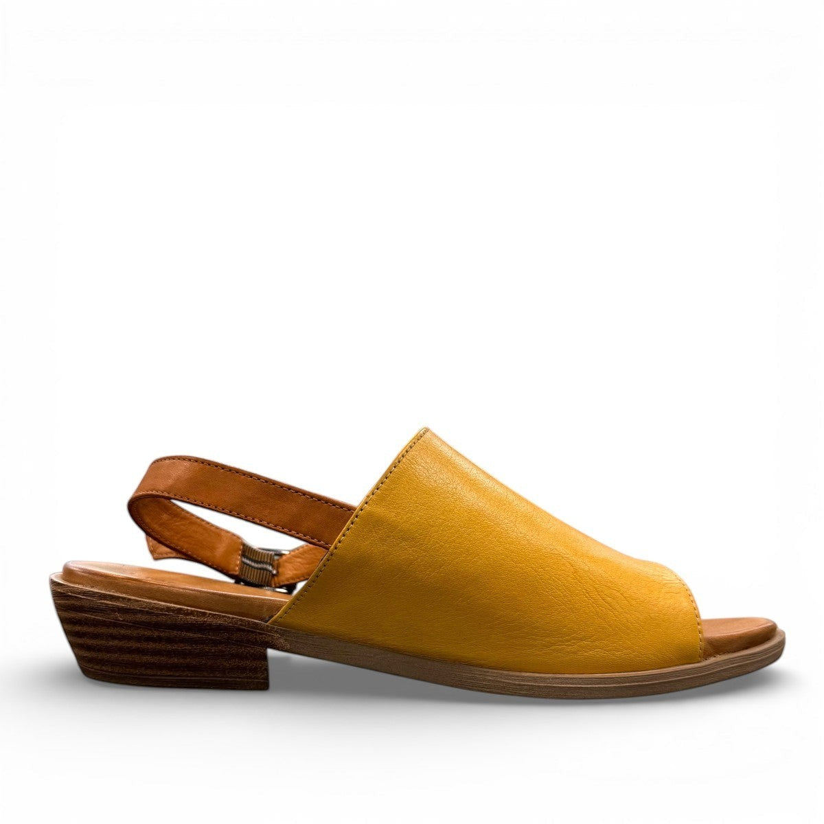 Roamers Jude low heel sandal in yellow and brown leather with a side buckle strap.
photo of the left side