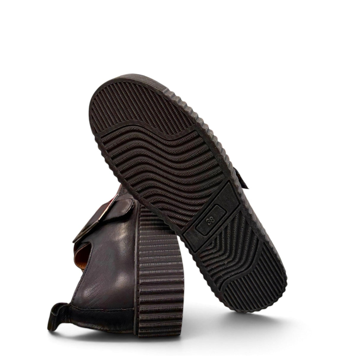Roamers Khloe black leather slip-on loafer with a chunky platform sole and decorative square buckle