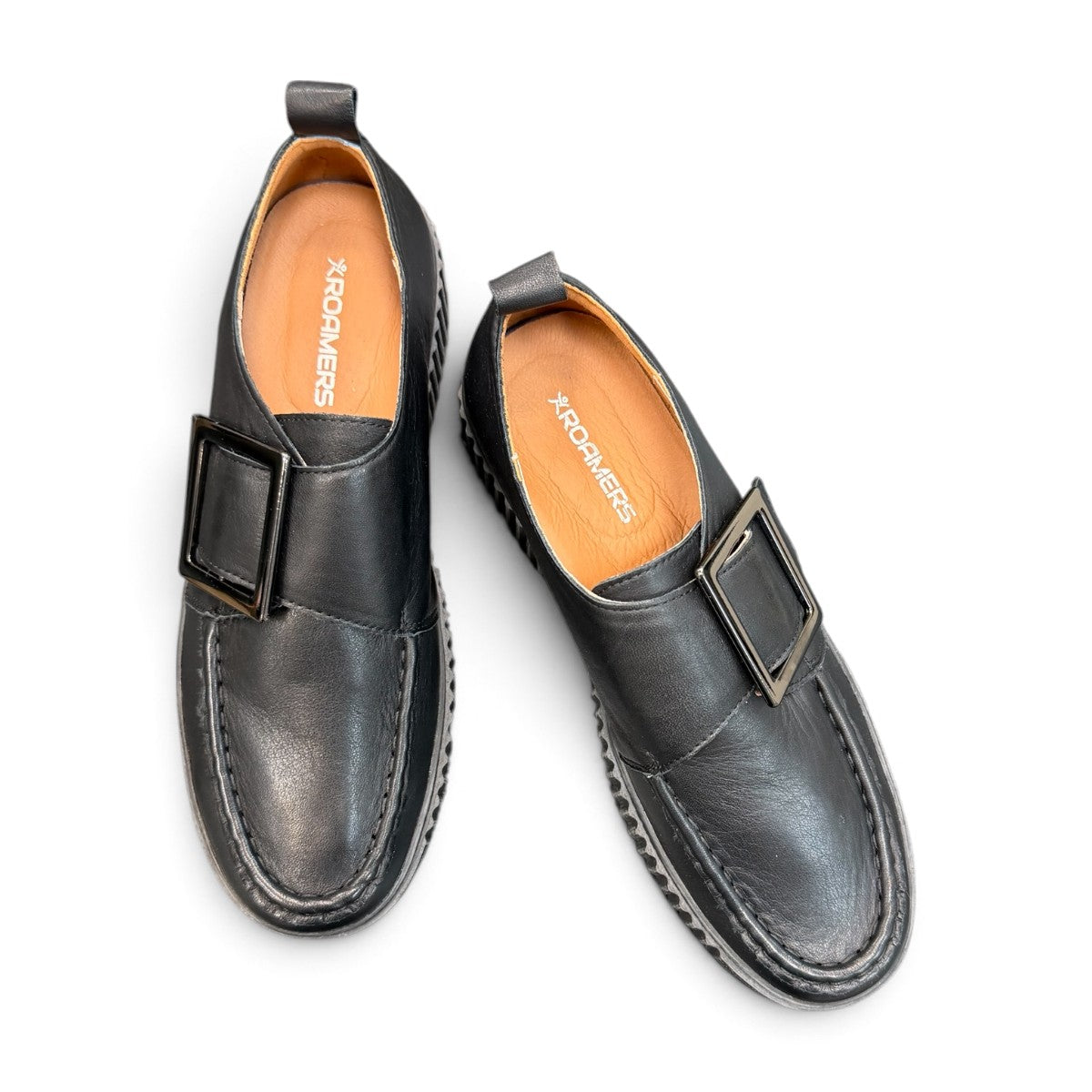 Roamers Khloe black leather slip-on loafer with a chunky platform sole and decorative square buckle