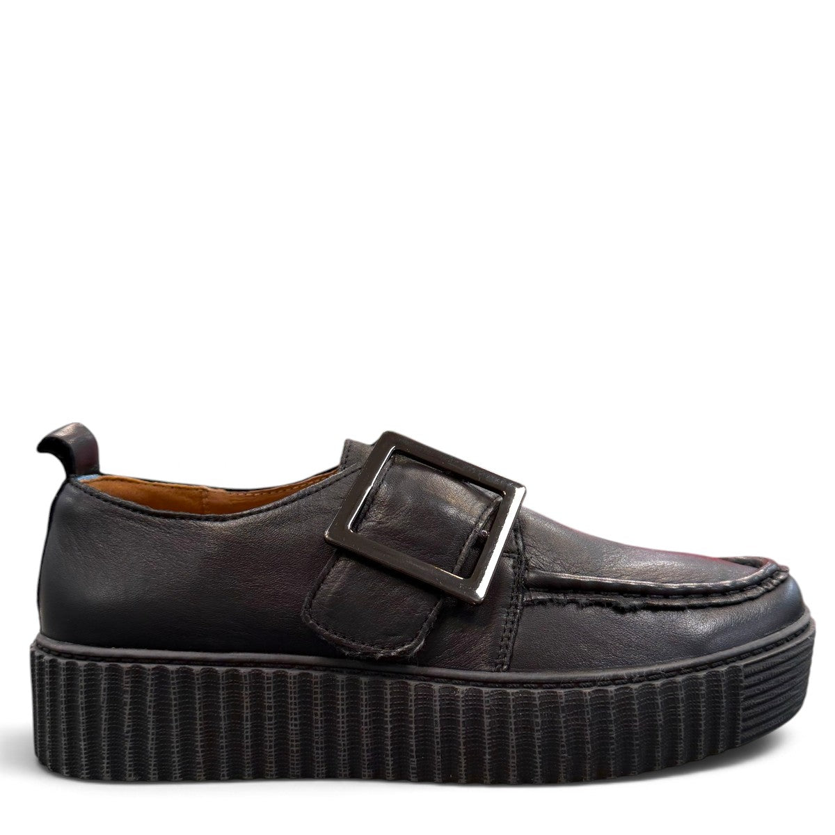 Roamers Khloe black leather slip-on loafer with a chunky platform sole and decorative square buckle