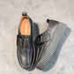 Roamers Khloe black leather slip-on loafer with a chunky platform sole and decorative square buckle