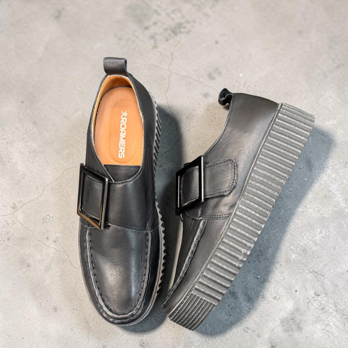 Roamers Khloe black leather slip-on loafer with a chunky platform sole and decorative square buckle