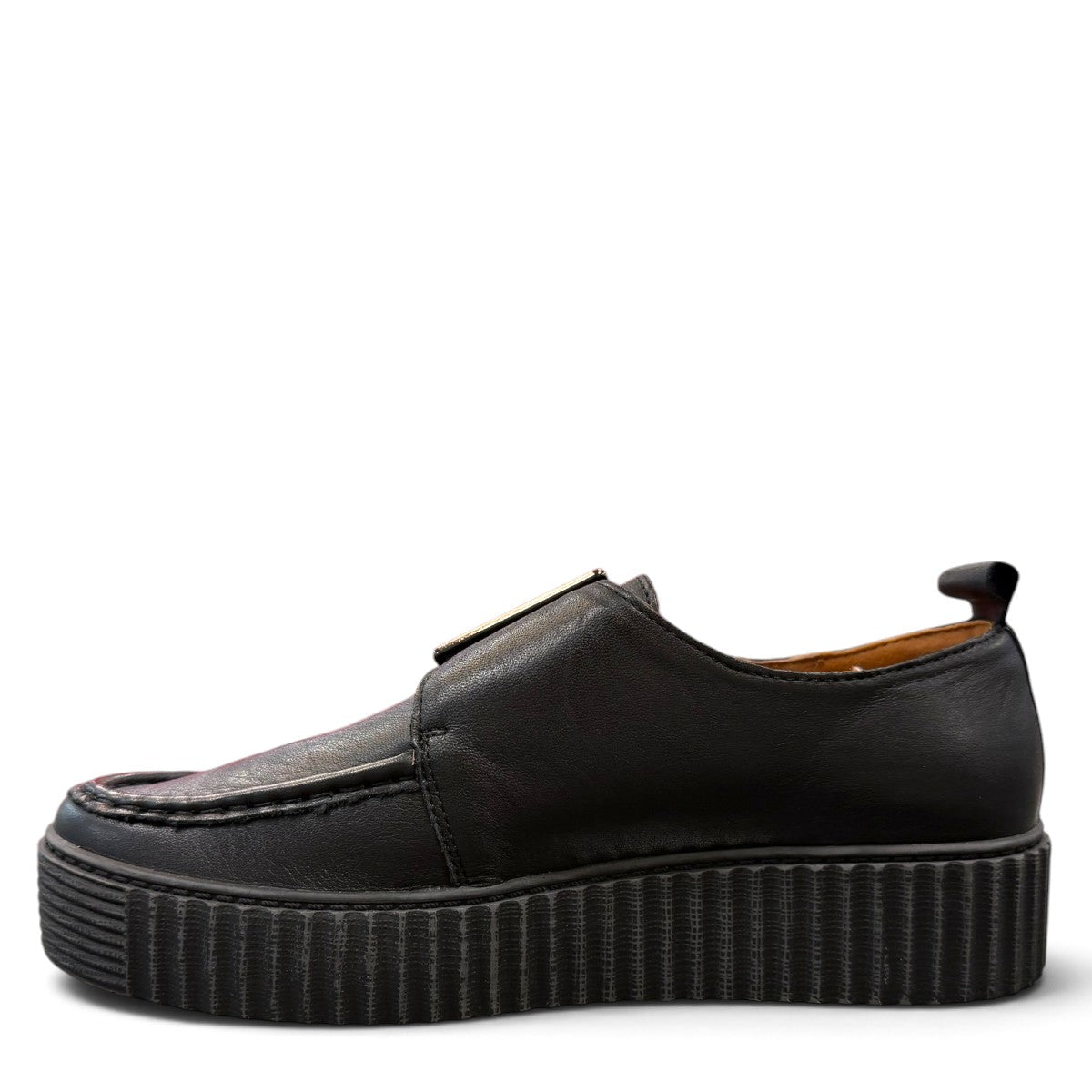 Roamers Khloe black leather slip-on loafer with a chunky platform sole and decorative square buckle