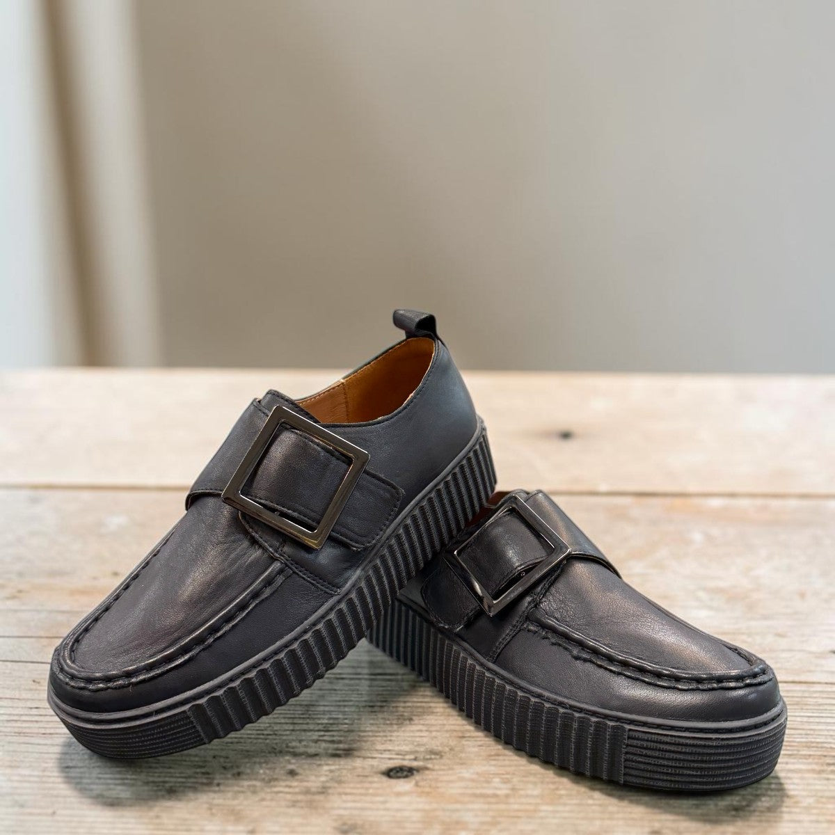 Roamers Khloe black leather slip-on loafer with a chunky platform sole and decorative square buckle