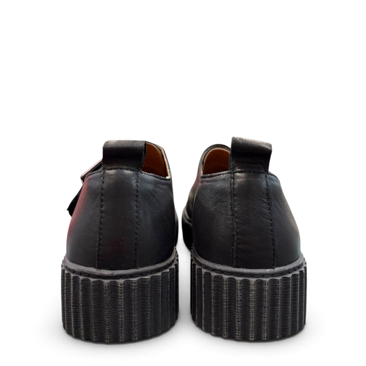 Roamers Khloe black leather slip-on loafer with a chunky platform sole and decorative square buckle