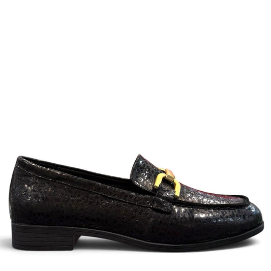 Roamers Macie black leather loafers with a textured finish and gold-tone metal hardware detail.