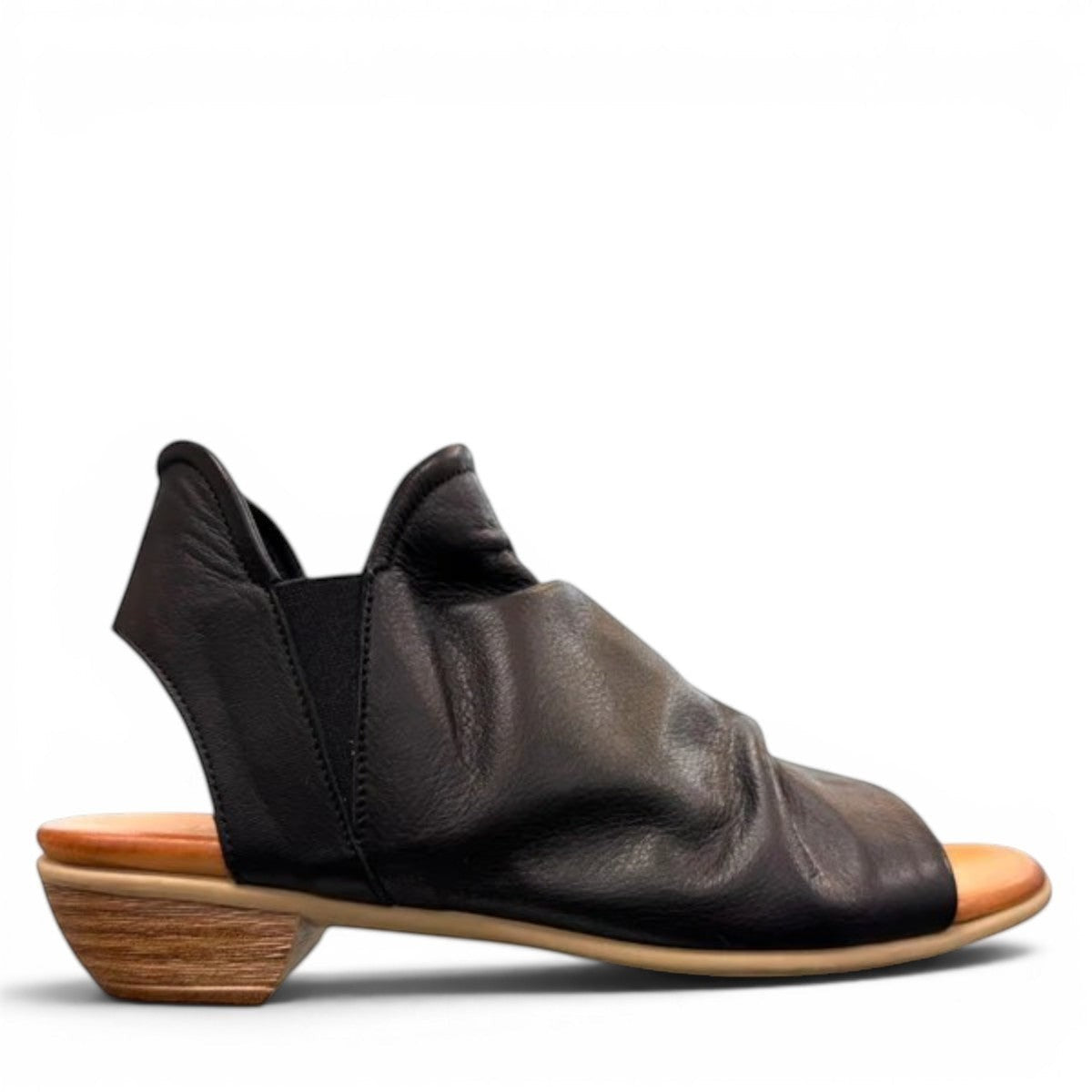 Roamers Maddison black leather open-toe sandal with a low wooden heel and comfortable footbed.
photo of the right side