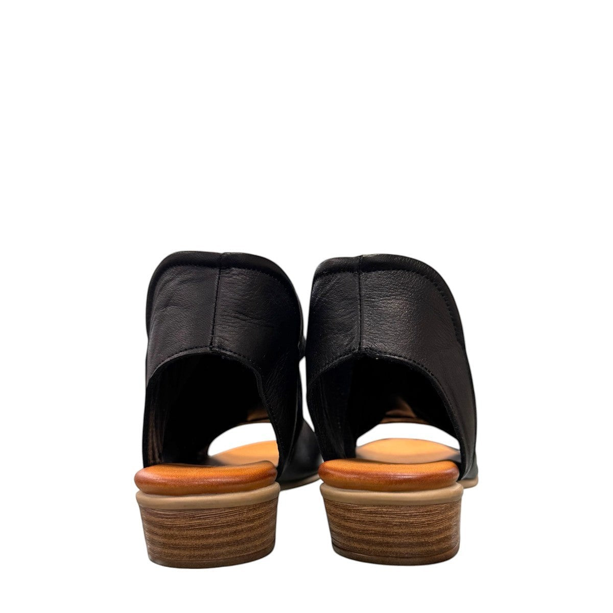 Roamers Maddison black leather open-toe sandal with a low wooden heel and comfortable footbed.
photo of the back side