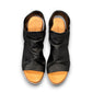 Roamers Maddison black leather open-toe sandal with a low wooden heel and comfortable footbed.
photo of the top side