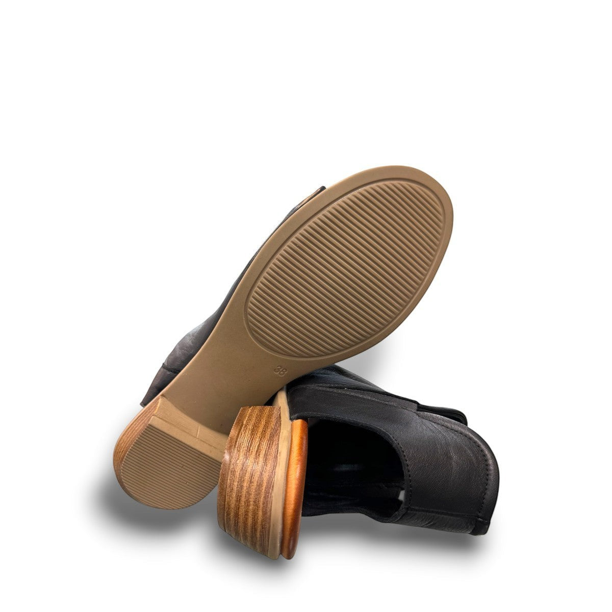 Roamers Maddison black leather open-toe sandal with a low wooden heel and comfortable footbed.
photo of the bottom side