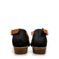 Roamers Mae black and tan leather sandals with side buckle and low block heel.
photo of the back side
