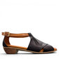 Roamers Mae black and tan leather sandals with side buckle and low block heel.
photo of the right side