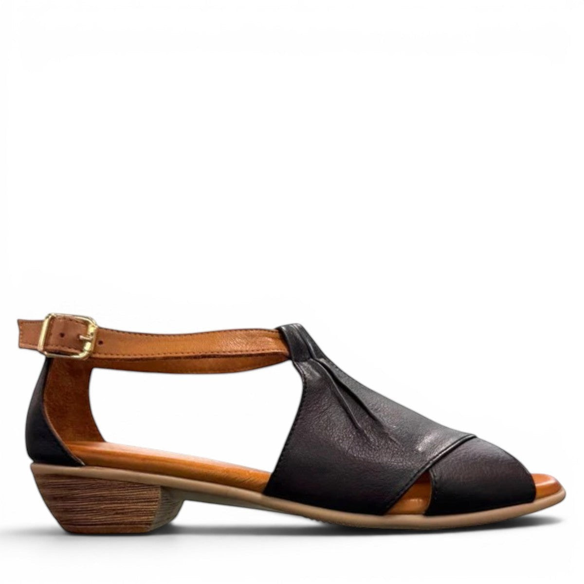 Roamers Mae black and tan leather sandals with side buckle and low block heel.
photo of the right side