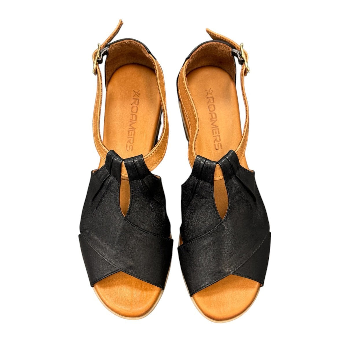 Roamers Mae black and tan leather sandals with side buckle and low block heel.
photo of the top side