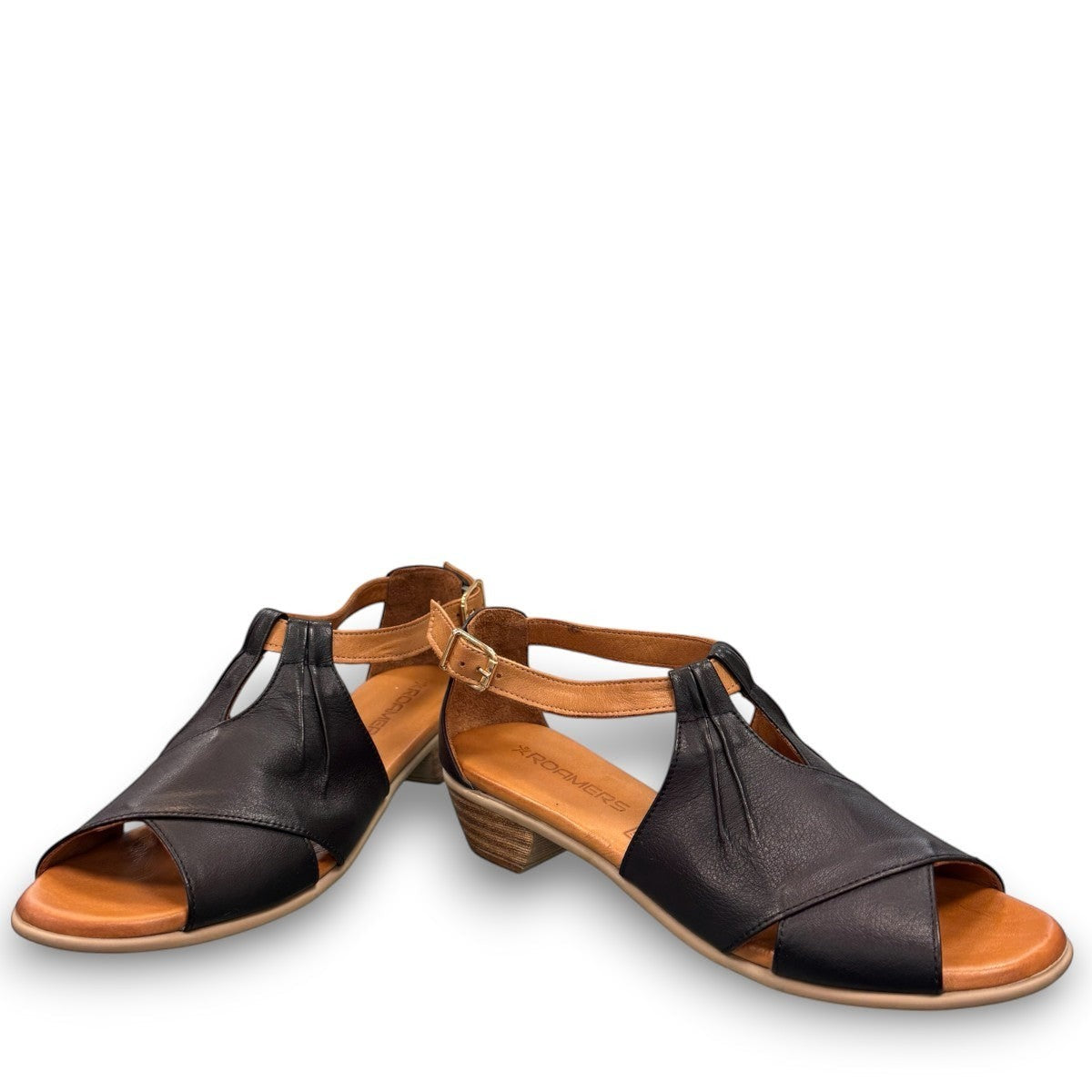 Roamers Mae black and tan leather sandals with side buckle and low block heel.
photo of the front side