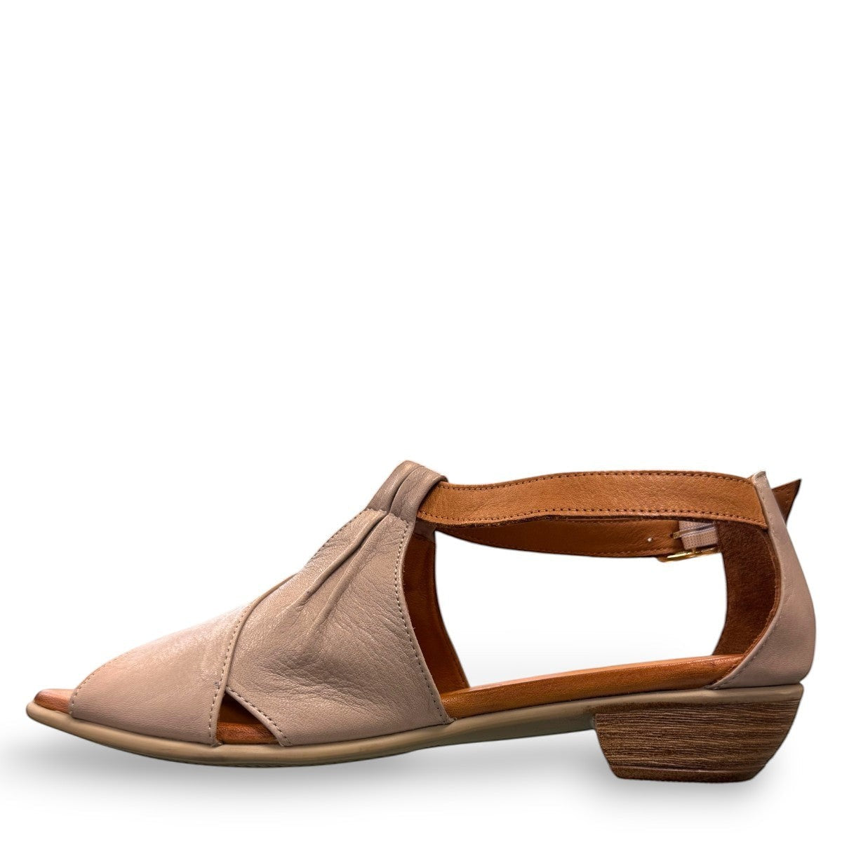 Roamers Mae silver grey leather sandals with side buckle and low heel.
photo of the left side