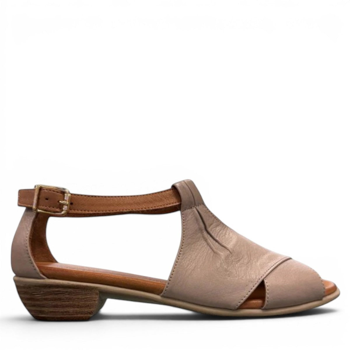 Roamers Mae silver grey leather sandals with side buckle and low heel.
photo of the right side
