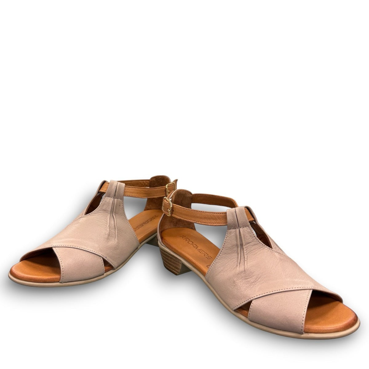 Roamers Mae silver grey leather sandals with side buckle and low heel.
photo of the front side