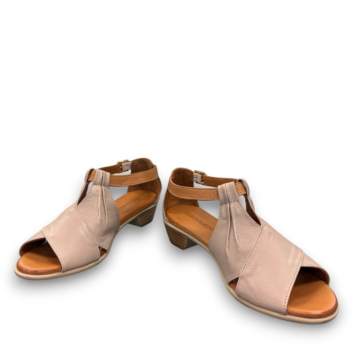 Roamers Mae silver grey leather sandals with side buckle and low heel.
photo of the front side