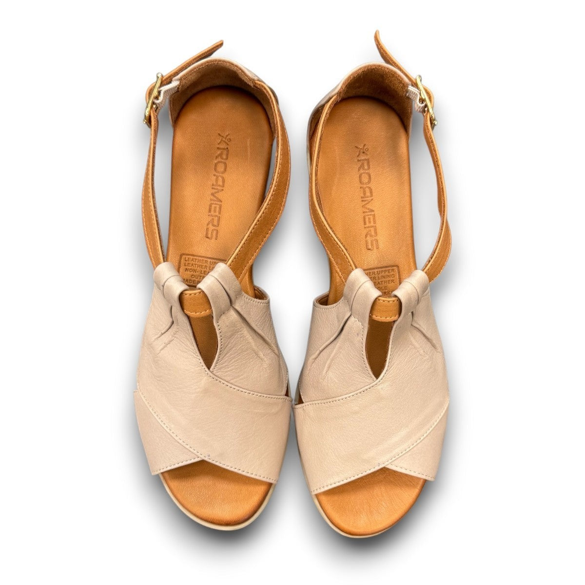 Roamers Mae silver grey leather sandals with side buckle and low heel.
photo of the top side