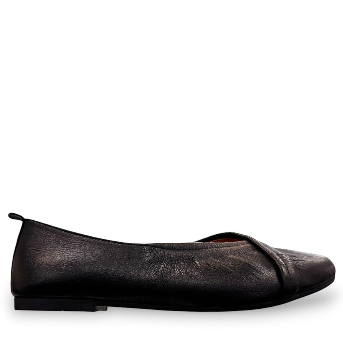 Roamers Malia black leather slip-on ballet flat with soft upper and minimalist design.
photo of the right side