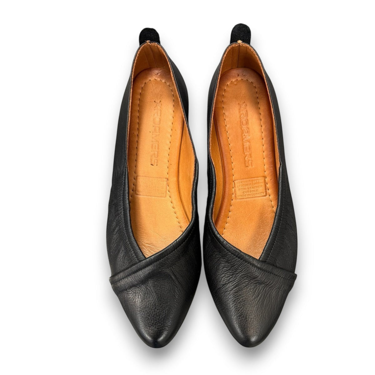 Roamers Malia black leather slip-on ballet flat with soft upper and minimalist design.
photo of the top side