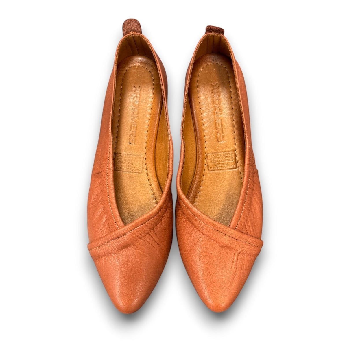 Roamers Malia mahogany brown leather ballet flats with a soft slip-on design and gathered detail.
photo of the top side