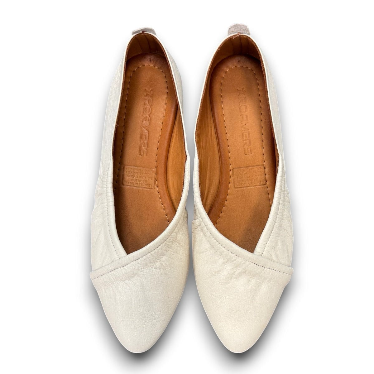 Roamers Malia ballet flats in marshmallow soft leather with a slip-on design and pointed toe.
photo of the top side