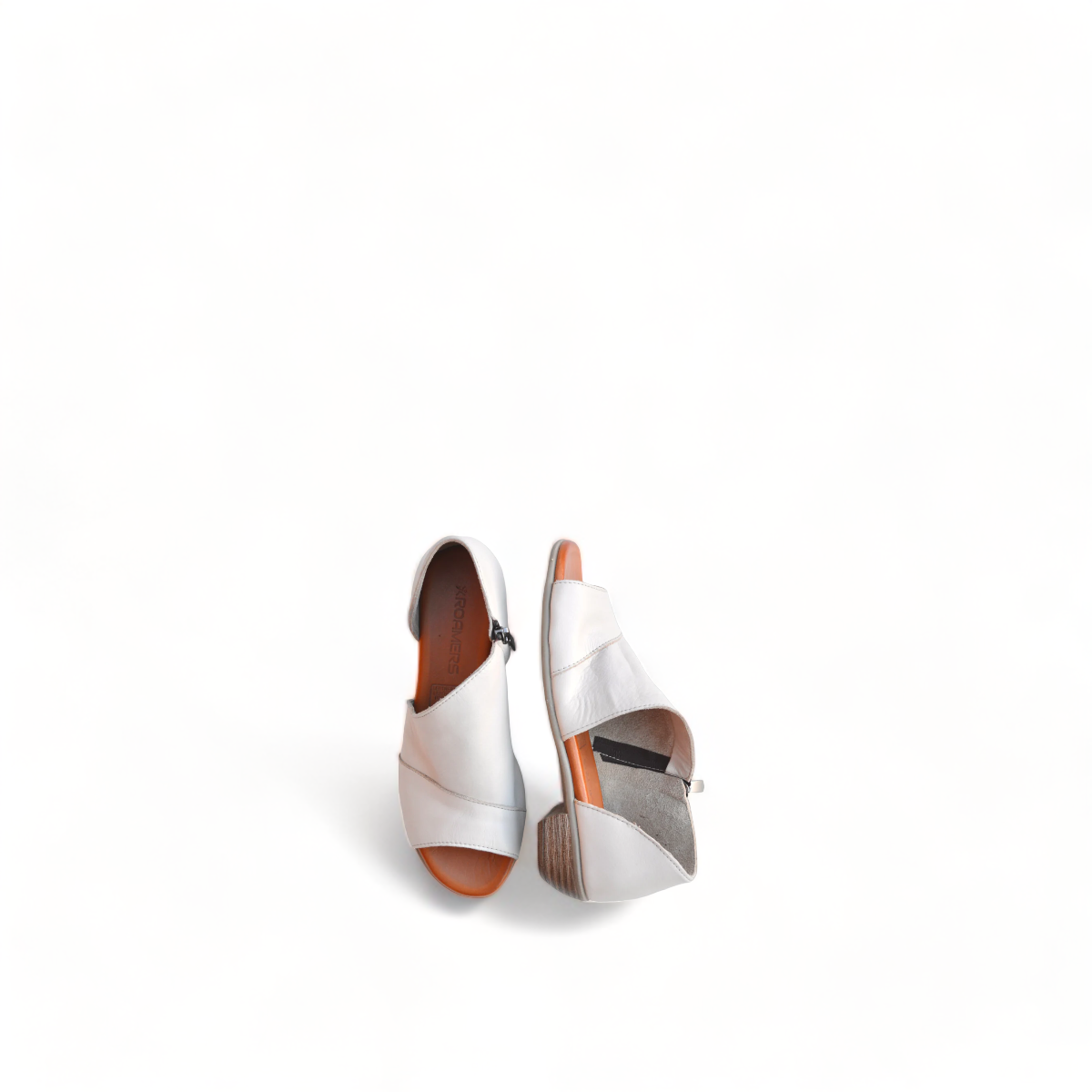 Roamers Mesa white leather peep-toe sandal with side zipper and low block heel.
photo of the top side