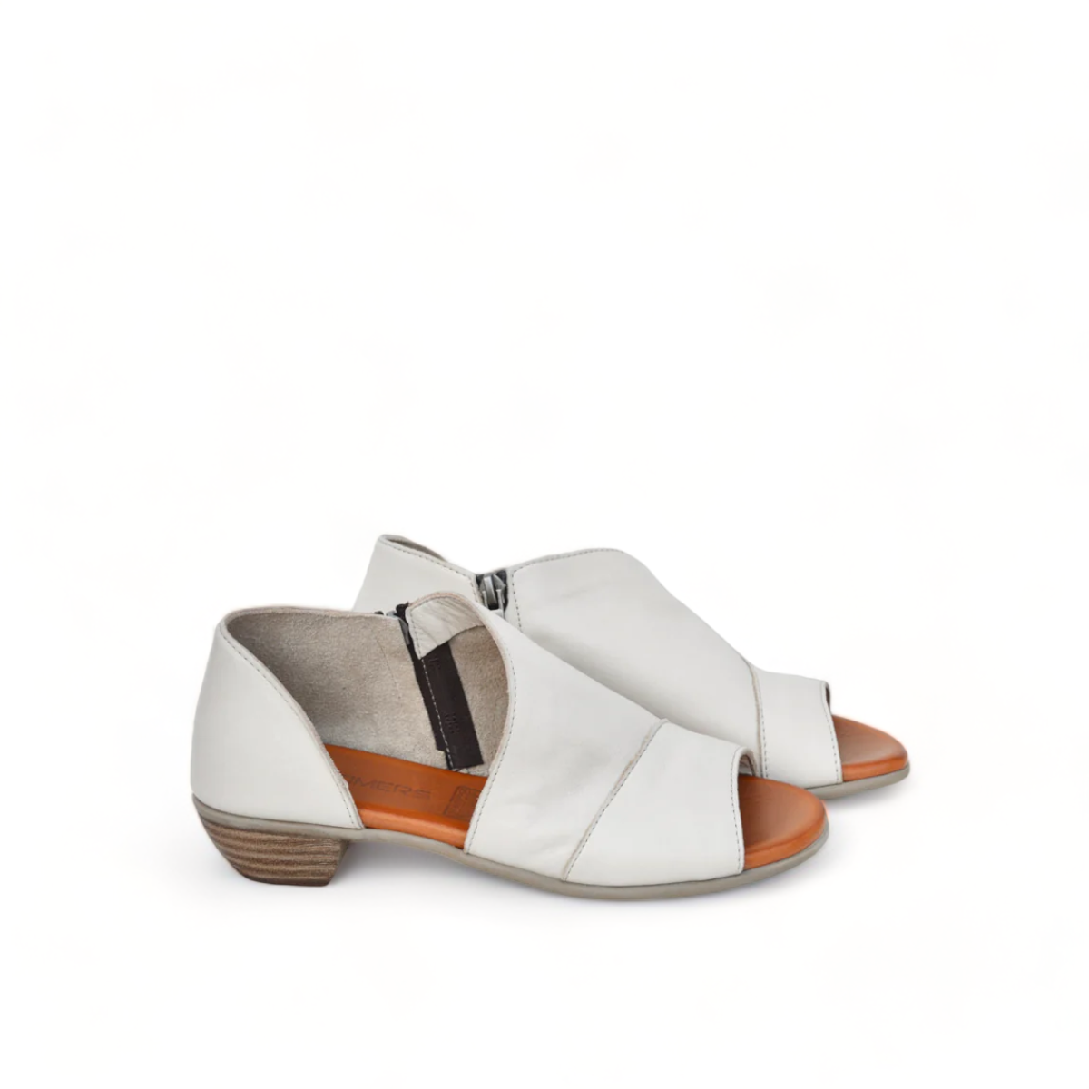 Roamers Mesa white leather peep-toe sandal with side zipper and low block heel.
photo of the front side