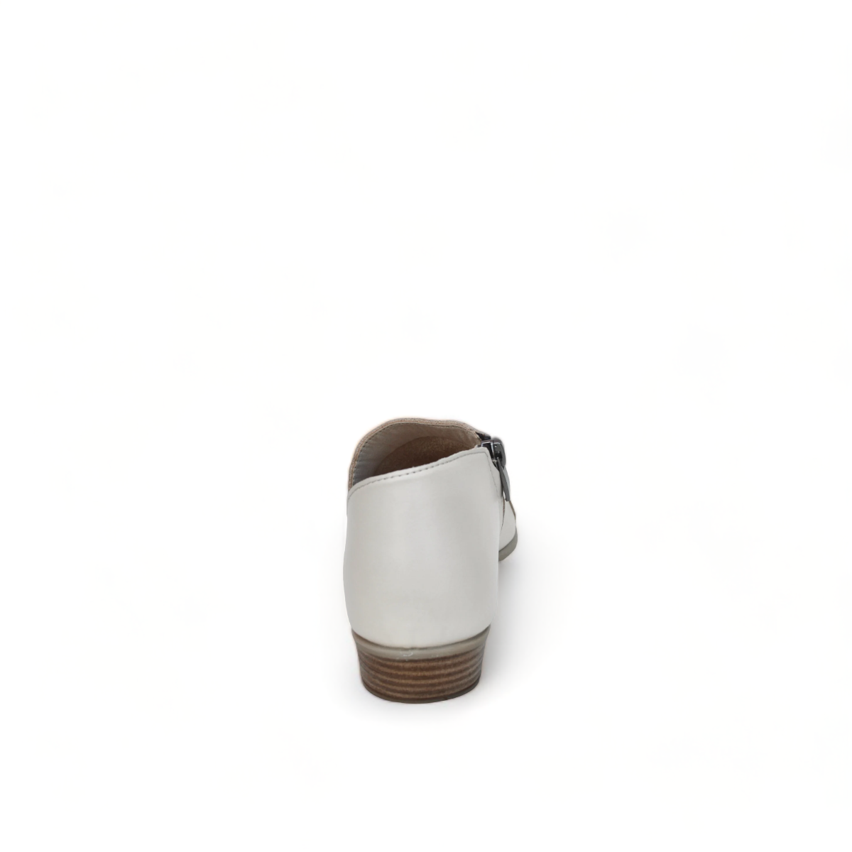 Roamers Mesa white leather peep-toe sandal with side zipper and low block heel.
photo of the back side