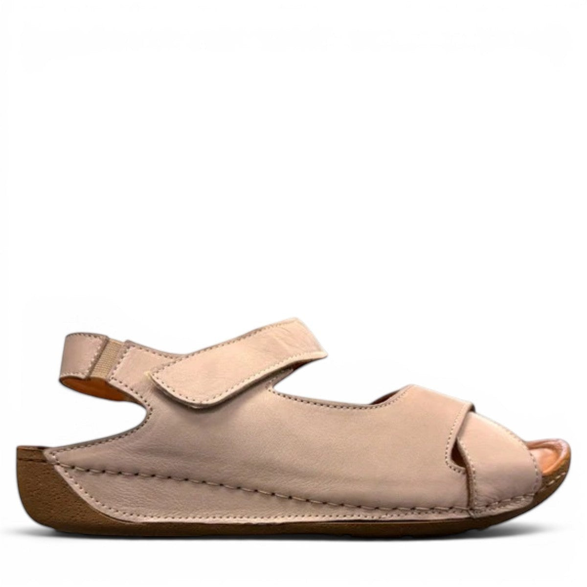 Roamers Talani mink leather sandal with a velcro instep strap and rubber outsole, side view.
photo of the right side