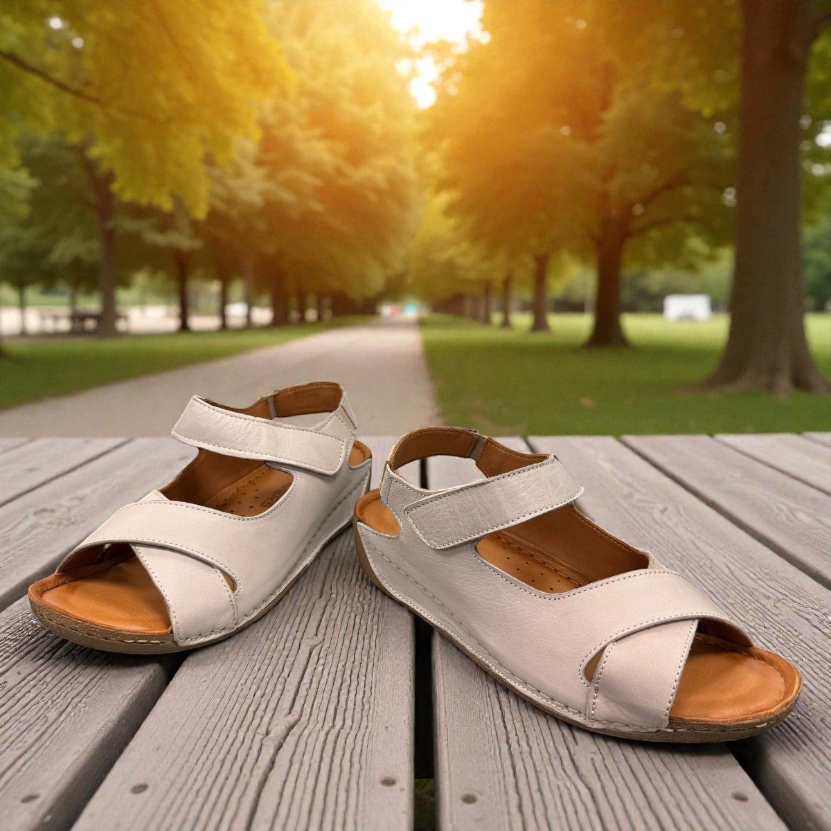 Roamers Talani mink leather sandal with a velcro instep strap and rubber outsole, side view.
photo of the front