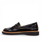 ROAMERS NILA black metallic leather loafer with a platform sole and saddle strap detail.
photo of the left side