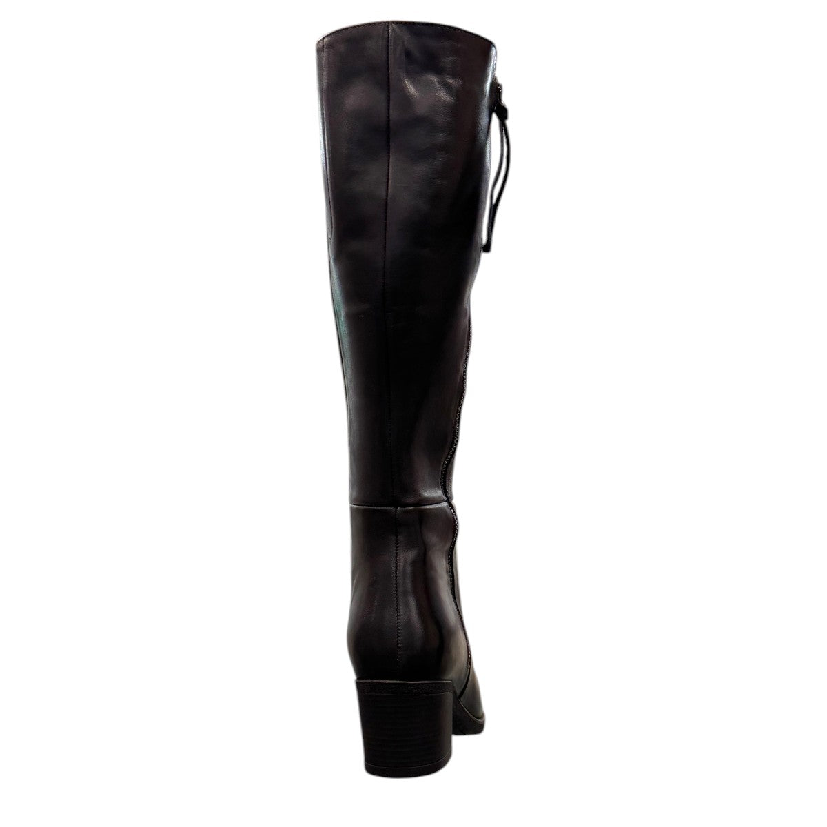 Roamers Peace black leather knee-high boot with block heel and decorative side zipper.
photo of the back side