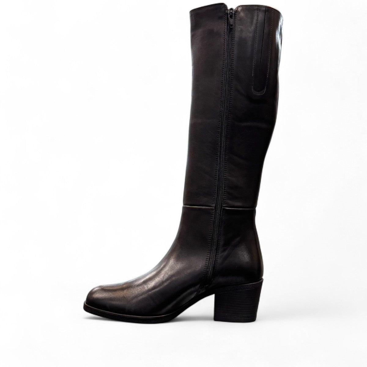 Roamers Peace black leather knee-high boot with block heel and decorative side zipper.
photo of the left side