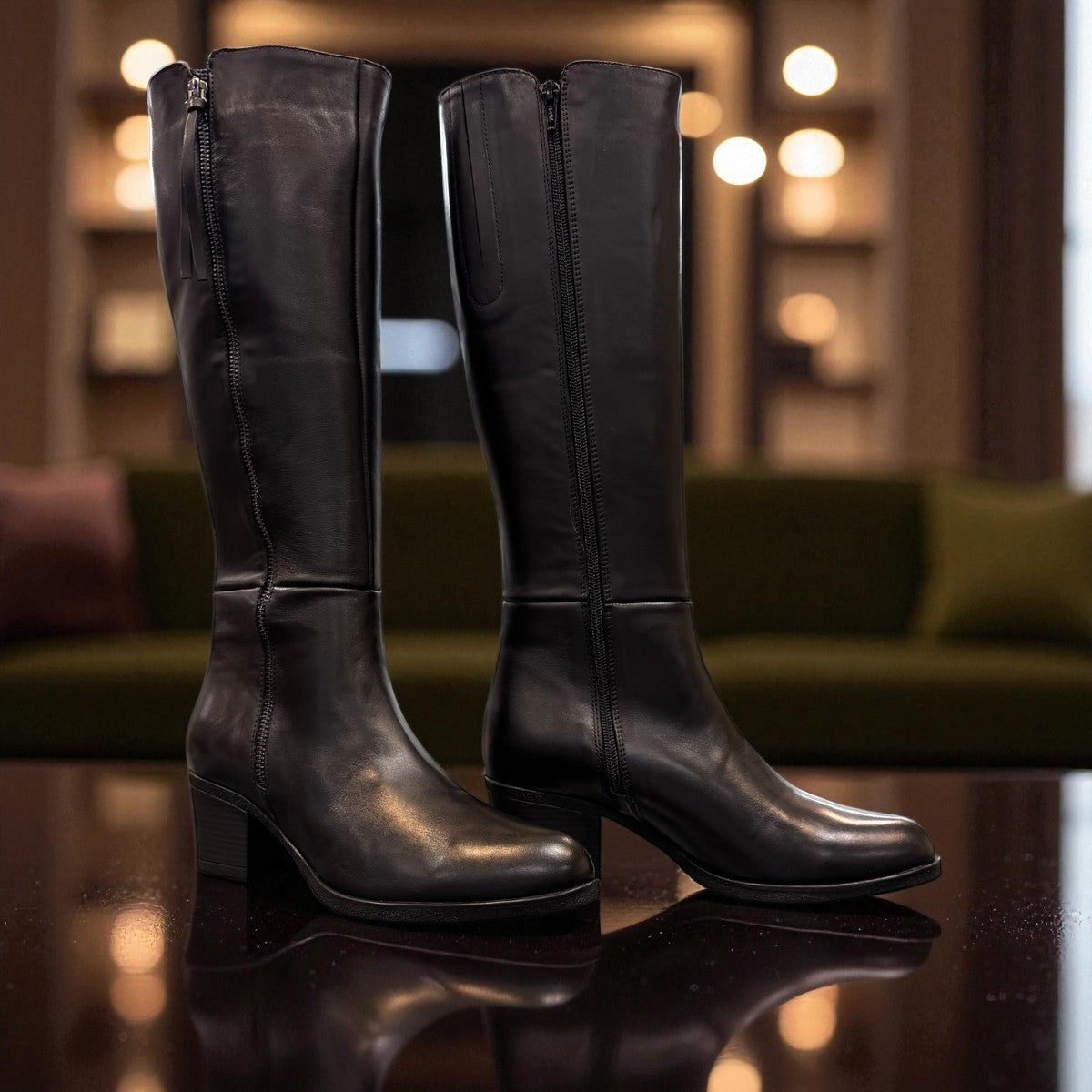 Roamers Peace black leather knee-high boot with block heel and decorative side zipper.
photo of the side