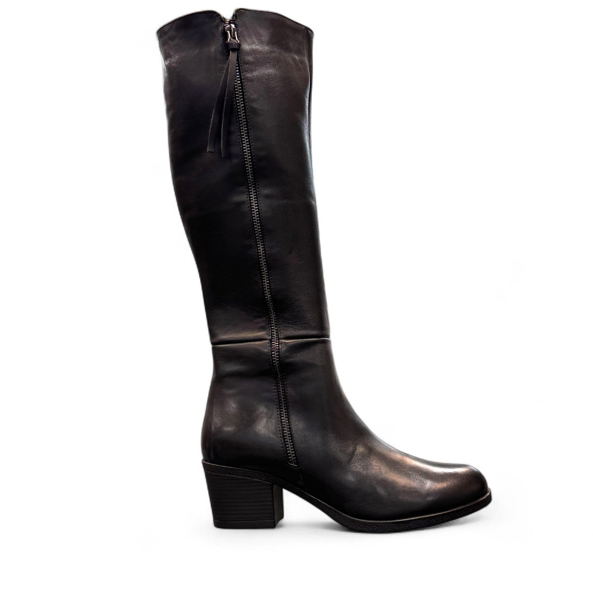 Roamers Peace black leather knee-high boot with block heel and decorative side zipper.
photo of the right side
